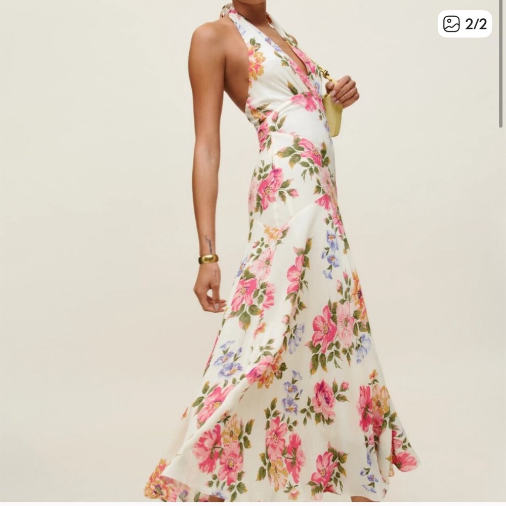 Reformation Briony Ivory Maxi Dress with Pink Floral Design
